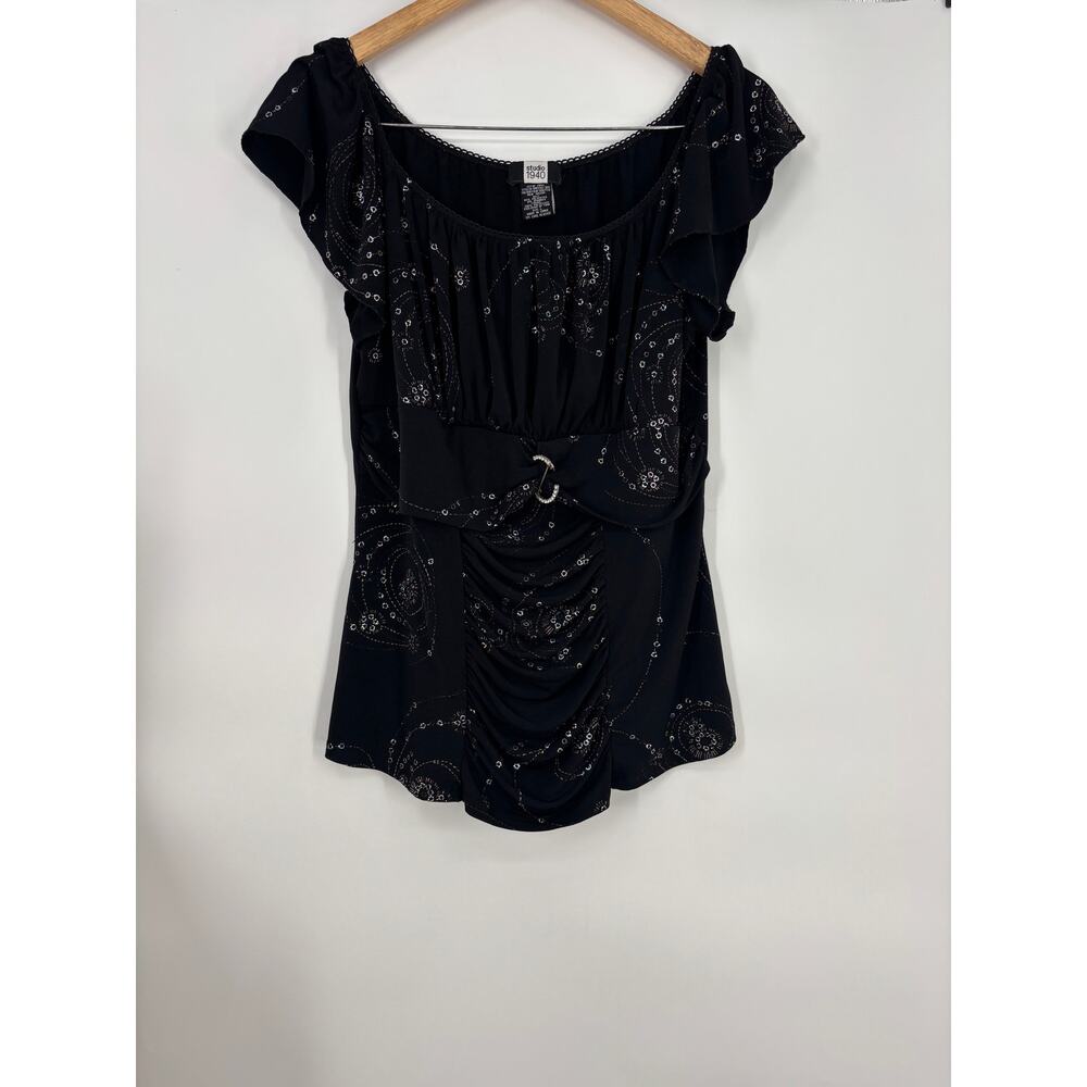 Studio 1940 Blouse Ruched Embellished Rhinestone Stretch Top Black Size Large